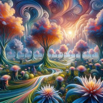 The primary subject of the image is a vibrant and colorful painting of a forest with trees and flowers. The setting is a lush, green forest with a variety of trees and flowers, creating a serene and natural atmosphere. The visual style is a digital art or illustration, showcasing intricate details and vivid colors. The dominant colors are green, blue, and orange, with a sense of warmth and tranquility.
